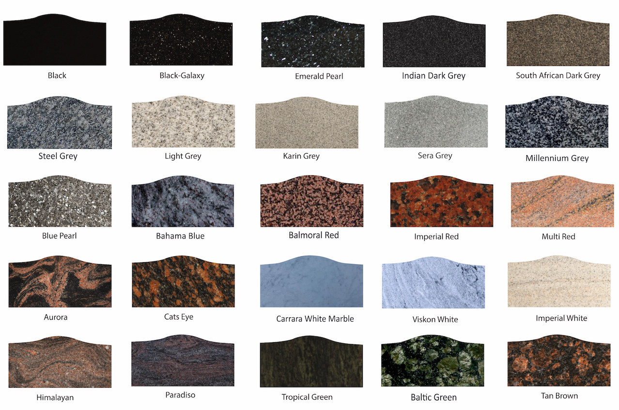 Chart of available granite and marble colours, including Black, Steel Grey, Blue Pearl, Balmoral Red, Imperial White, Tan Brown and more
