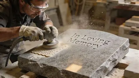 Craftsman hand-finishing a granite headstone in the workshop